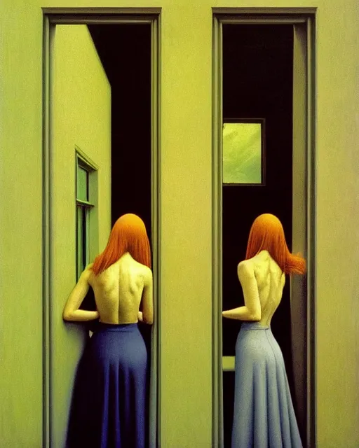 Image similar to twins, sisters, in the void, by the mirror, train station, woman poking tv in her head edward hopper and james gillard, zdislav beksinski, high detail alex colville, otto mueller, stephen conroy, sandro botticelli, andrew newell wyeth, daniel meidman jussi picho octane rendering