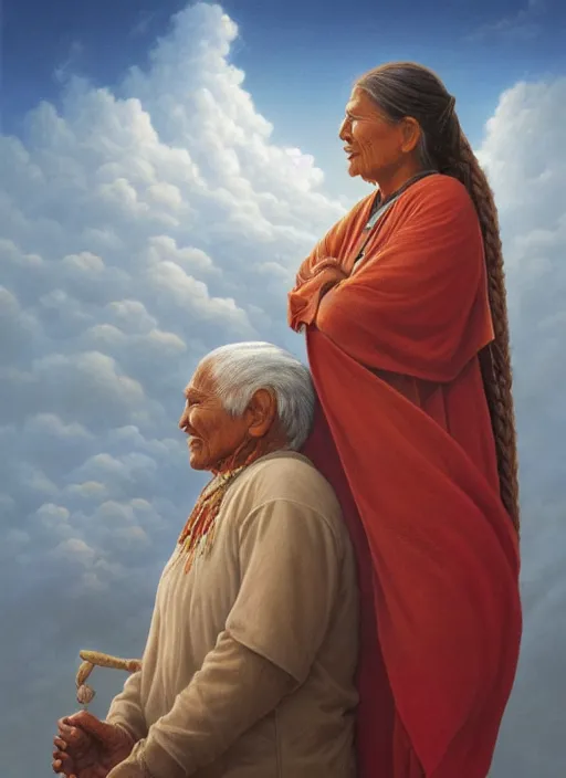 Image similar to portrait of an indigenous grandfather and grandmother in the clouds, smiling, protection, benevolence, ancestors, art by christophe vacher