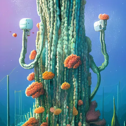 Image similar to beautiful painting of underwater corals as broadcast towers and flowers in white alien monuments in the style of Simon Stålenhag and H. R. Giger, detailed, trending on Artstation