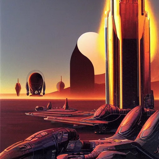 Image similar to science - fiction novel cover art by peter elson, syd mead, detailed, cinematic,