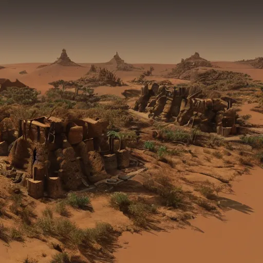 Image similar to a distant desert village, artstation, cgsociety