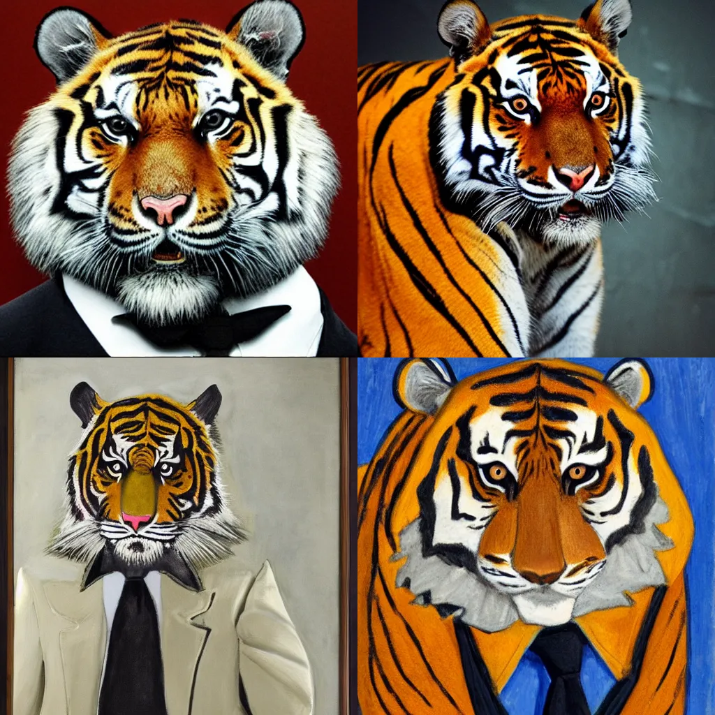 Prompt: portrait of a tiger dressed in a suit