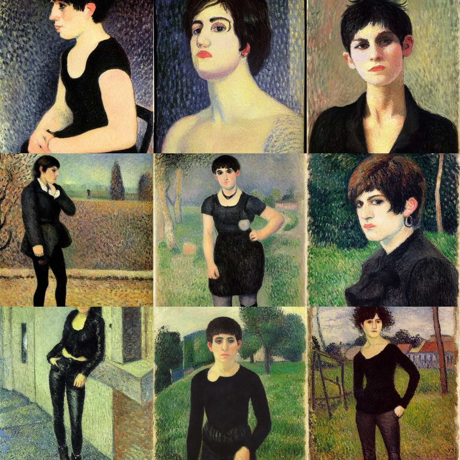 Prompt: an emo by camille pissarro. her hair is dark brown and cut into a short, messy pixie cut. she has large entirely - black eyes. she is wearing a black tank top, a black leather jacket, a black knee - length skirt, a black choker, and black leather boots.
