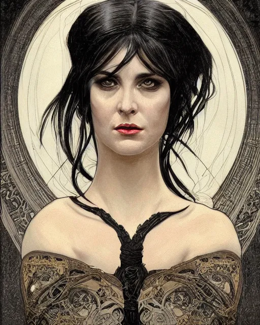 Image similar to portrait of evil a tall 4 0 - year - old woman with thin lips, heavy - lidded eyes, a strong jaw and long, thick shining black hair, thick eyebrows and long eyelashes, wearing in black clothes, hyper realistic face, beautiful eyes, fantasy art, in the style of greg rutkowski, intricate, alphonse mucha, hyper detailed, smooth