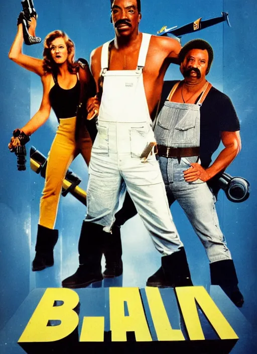 Image similar to an 8 0's john alvin action movie poster starring eddie murphy face as a plumber to rich people. bathroom. overalls. tool belt. the movie is called beverly hills crap