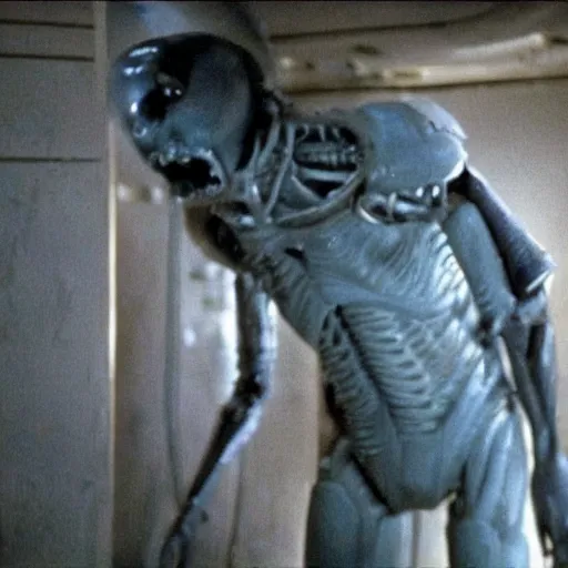 Image similar to film still of Barack Obama being held against a wall by a predator in the movie Alien.