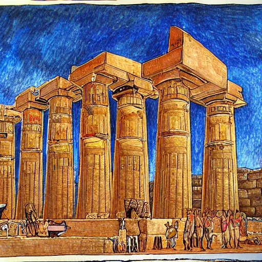 Image similar to an Egyptian temple made from obsidian, painting by Botticelli, sketchbook, Fineliner and alcohol markers