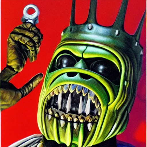 Image similar to beautiful lifelike painting of mf doom as king ghidora, hyperreal detailed facial features and uv lighting, art by ed roth and basil wolverton