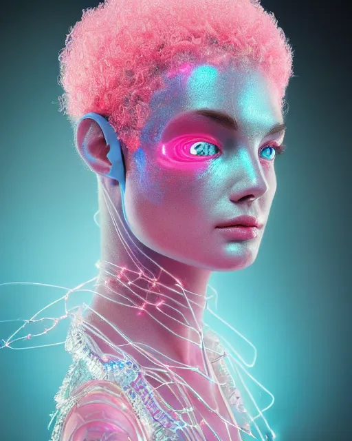 Image similar to natural light, soft focus portrait of an android with soft synthetic pink skin, blue bioluminescent plastics, smooth shiny metal, elaborate ornate head piece, piercings, skin textures, by annie liebovotz, paul lehr