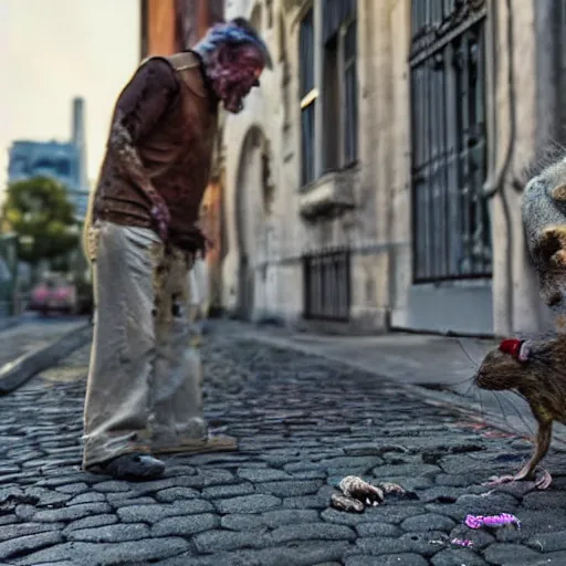 Prompt: an ultra realistic 8 k hdr photo of an elderly haggered raggedy zombie sniffing a rat on a city street
