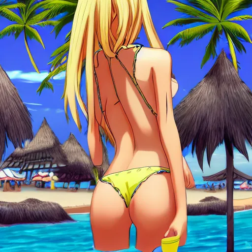 Prompt: anime visual of very cute girl from behind with long blonde hair, at the beach in one piece bathers, high detail, trending on artstation