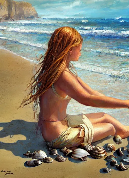 Image similar to she sells sea shells by the sea shore; painting by Jon foster.