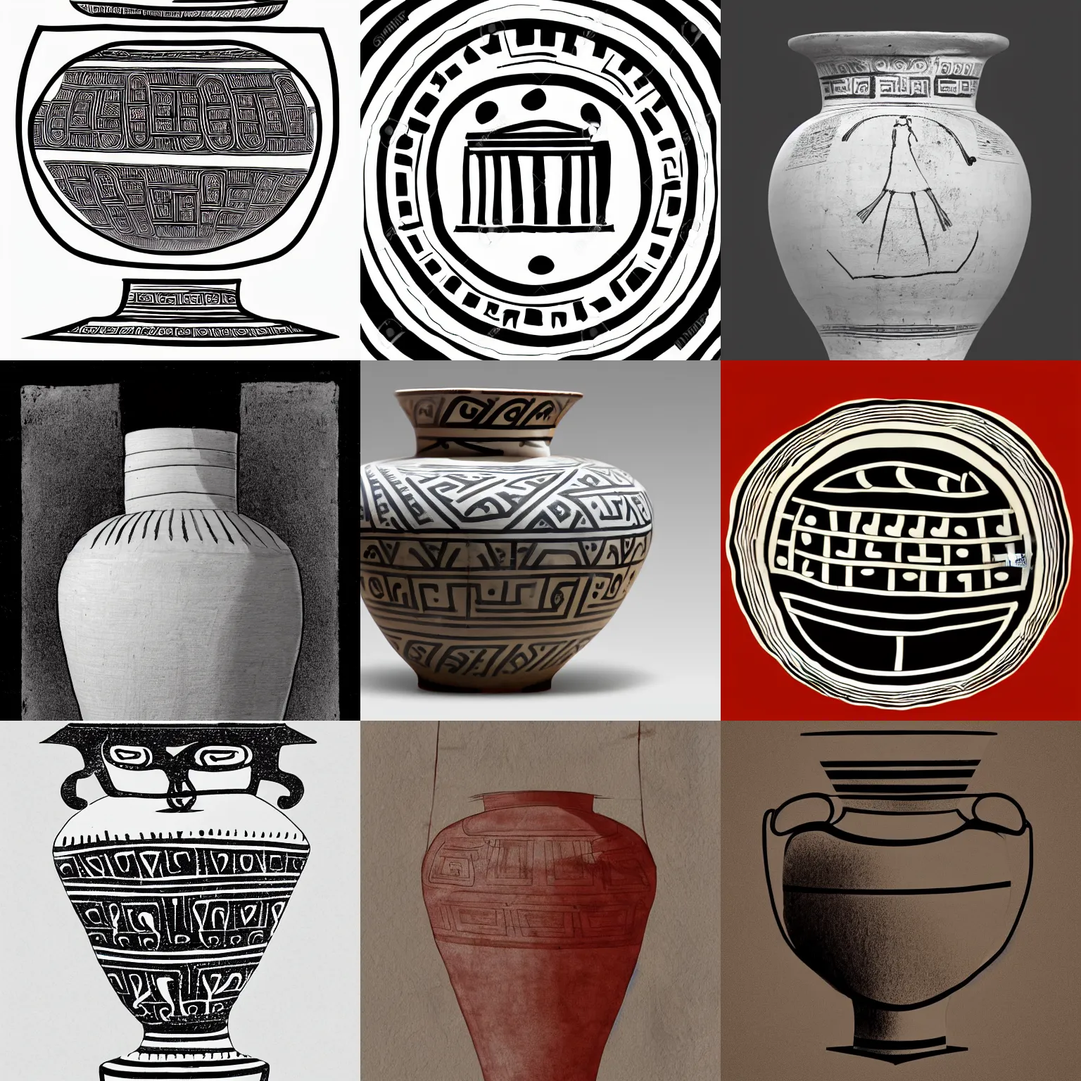 Prompt: an ancient greek vase, minimalist style drawings, ancient greek pottery, studio photography, 4 0 0 bc, high resolution, black and terracotta, white background