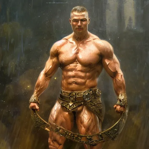 Image similar to handsome portrait of a spartan guy bodybuilder posing, radiant light, caustics, war hero, rainfall, by gaston bussiere, bayard wu, greg rutkowski, giger, maxim verehin