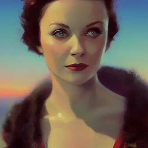 Prompt: a closeup portrait of a young vivian leigh, lake background, gorgeous view, sunset, film noir, serene, high detail, depth, masterpiece by greg rutkowski, digital art, trending on artstation