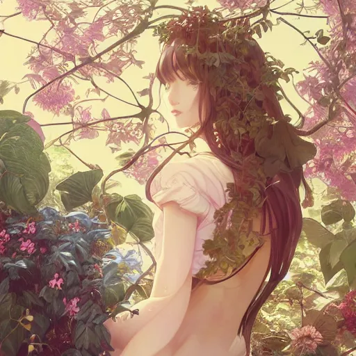 Image similar to An anime young woman plant hybrid, vine and plants and flowers, intricate, digital painting, highly detailed, concept art, Artstation, Cgsociety, Artgerm, Alphonse Mucha, Wlop