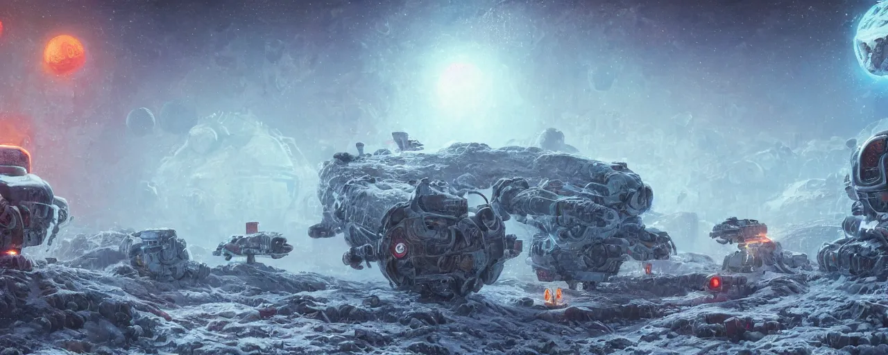 Prompt: outer planet covered with ice, mining robots, art by paul lehr, cinematic, detailed, epic, widescreen, opening, establishing, matte painting, photorealistic, realistic textures, octane render