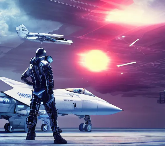 Image similar to fighter pilot stands beside futuristic sci fi fighter jet landed at runway of cyberpunk city ,dark cinematic lighting , digital concept art