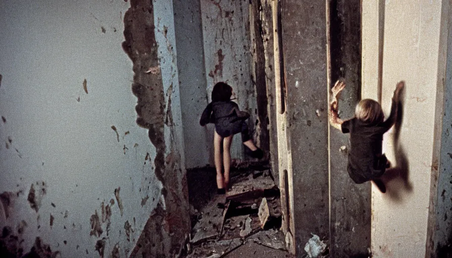 Prompt: 7 0 s film still from a horror movie about angry children climbing the walls of an abandoned church, kodachrome, cinecolor, cinestill, film grain, film texture, retro, cinematic, high resolution, photorealism,