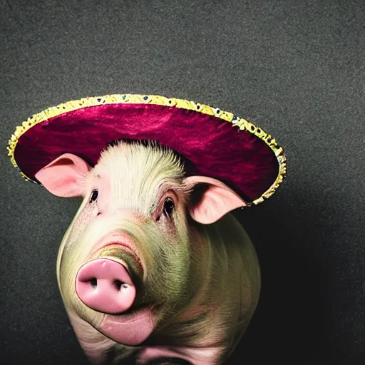 Image similar to an award winning portrait photo of a pig wearing a sombrero