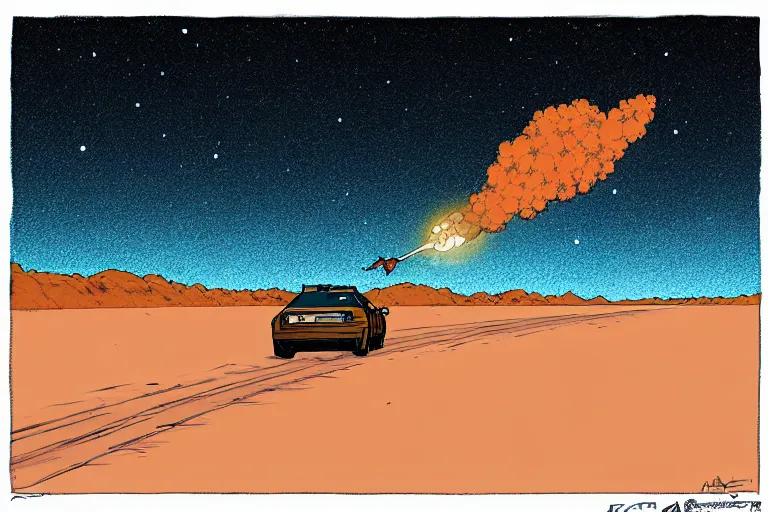 Image similar to a study of a cell shaded cartoon of a giant meteor falling at night on a desert road, full body, wide shot, very muted colors, post grunge, studio ghibli, laurie greasley, highly detailed, deviantart, art by artgem