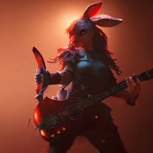 Image similar to An epic fantasy comic book style portrait painting of a bunny playing the guitar, unreal 5, DAZ, hyperrealistic, octane render, cosplay, RPG portrait, dynamic lighting
