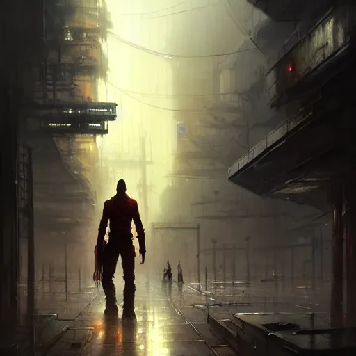 Image similar to an exhausted warrior wandering through a lost cyberpunk city from left to right, rainy day, radiant light, digital painting, art station, by les edwards, by greg rutkowski