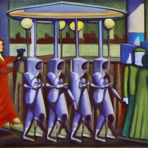 Image similar to robot druids in a grand processional, capital plaza, grant wood, pj crook, edward hopper, oil on canvas