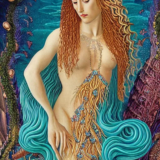 Image similar to intricate detail, gilbert williams and sandro botticelli portrait of tan sumerian mermaid goddess atargatis, with aqua neon rapunzel dreadlocks adorned in seashells, near crystal temple in atlantis, iridescent dolphins swimming in the sea, unicorn flying in the sky, paleozoic atlantis