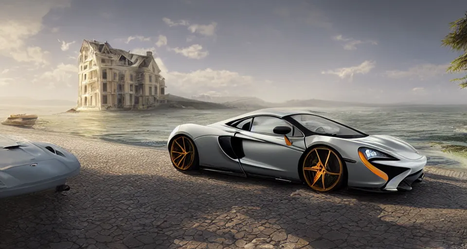 Image similar to mclaren in villa, front sea,digital art,ultra realistic,ultra detailed, ultra wide Lens, art by greg rutkowski