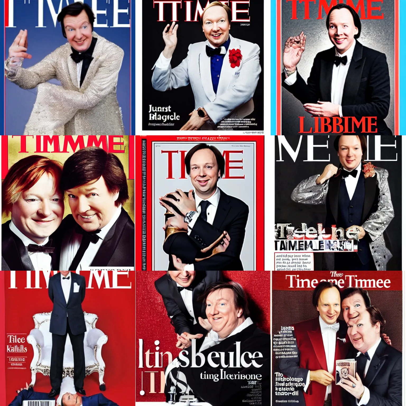 Prompt: Jussi Halla-aho embracing Liberace, Time magazine cover