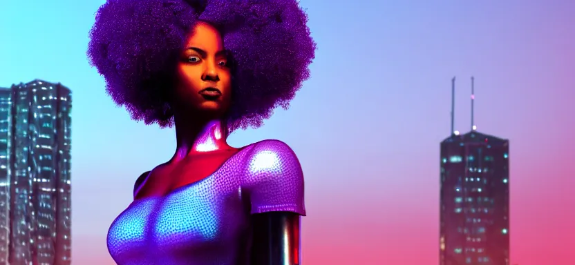 Prompt: portrait of a beautiful black woman with afro hair, cyberpunk rio de janeiro background, digital art, trending on artstation, global illumination, backlit, purple and blue, corcovado on the background