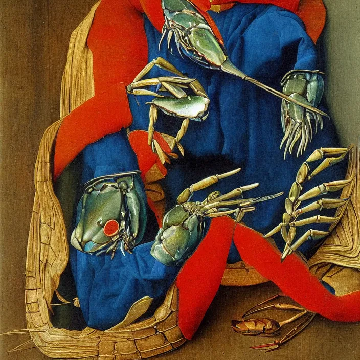 Image similar to blue crab man touching mirror. painting by jan van eyck