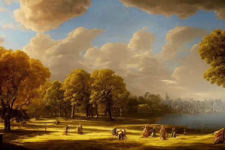 Image similar to beautiful city landscape with oak trees, mythology, fantasy, landscape background, vivid colors, digital painting, very detailed, realistic, high quality, by claude lorrain