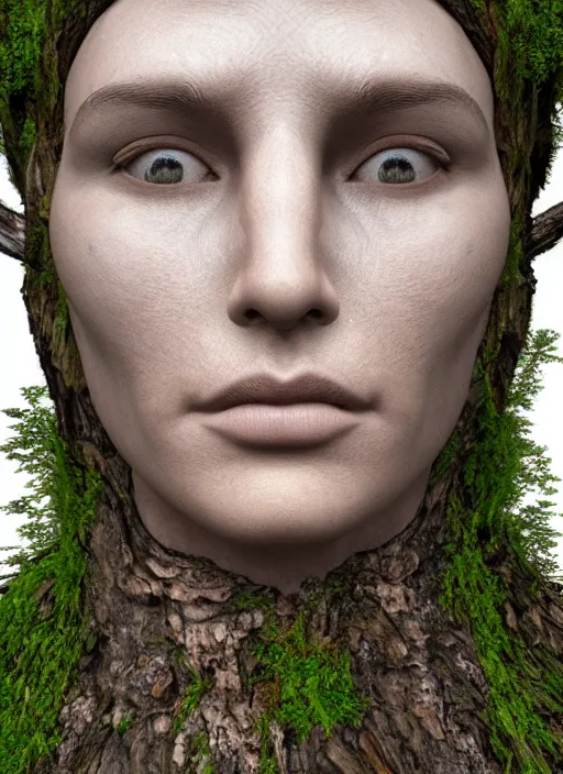 Image similar to photograph of hyperrealistic hyperdetailed ancient woman face in the shape of a tree covered with bark and moss, in a dark mysterious forest, unreal engine, octane,