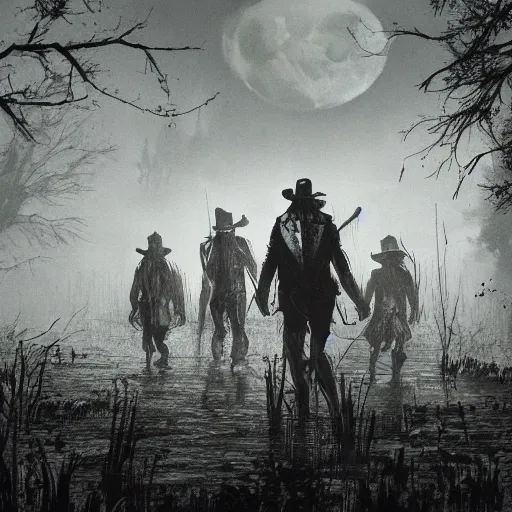 Image similar to hunters from hunt showdown walking across a swamp at night, horror scene, moon light, bayou, silence,