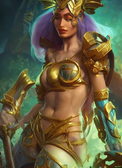 Image similar to qiyana, from league of legends, au naturel, in the amazons, hyper detailed, digital art, trending in artstation, cinematic lighting, studio quality, smooth render, unreal engine 5 rendered, octane rendered, art style by klimt and nixeu and ian sprigger and wlop and krenz cushart