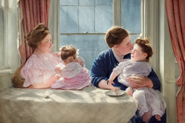 Image similar to charming and chubby parents and their very fat baby girl, wearing a polka dot cloths and a victorian - style hairdo, sits in the large and bright studio. sunlight enters through the barred window. delicate watercolor and pencil on canvas. beautiful lighting, 4 k post - processing, highly detailed, 5 k extremely detailed, 3 d. cinematic scene.