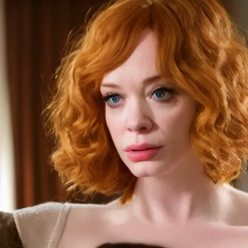 Image similar to amazing beautiful Christina Hendricks with puffy lips in the living room, film still from the movie directed by Denis Villeneuve , wide lens