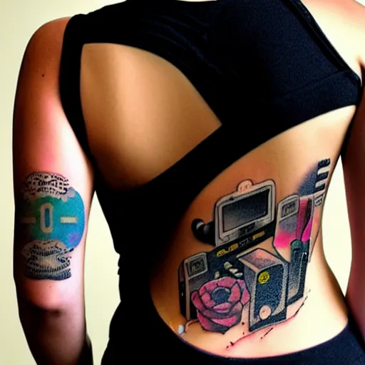 Image similar to sp - 4 0 4 audio mixer in the style of tattoo along female lower back