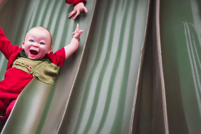 Prompt: photo of Baby Yoda going down a slide at a children’s playground, his arms are in the air and he’s smiling, shallow depth of field, Nikon 50mm f/1.8G,