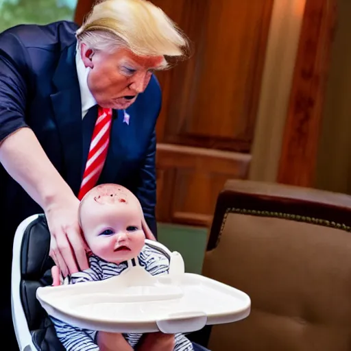 Image similar to a baby with donald trump's head sits in a highchair with chocolate pudding all over his face, gettyimages,