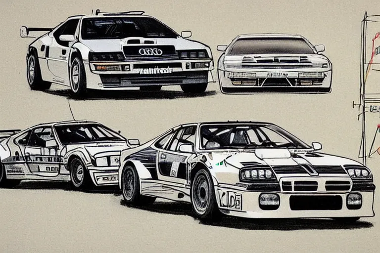 Prompt: single racecar 1 9 8 8 lancia 0 3 7, audi quattro, bmw m 1, 9 1 1, engineering notebook sketch by leonardo da vinci