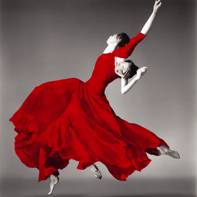 Image similar to A high-detailed photo of woman dancing in the night, grayscale photo with red dress, realism, photo by Richard Avedon