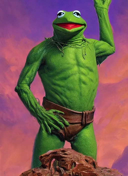 Image similar to portrait of kermit the frog in masters of the universe ( 1 9 8 7 ), highly detailed, centered, solid color background, digital painting, artstation, concept art, smooth, sharp focus, illustration, artgerm, donato giancola, joseph christian leyendecker, les edwards, ed repka, wlop, artgerm