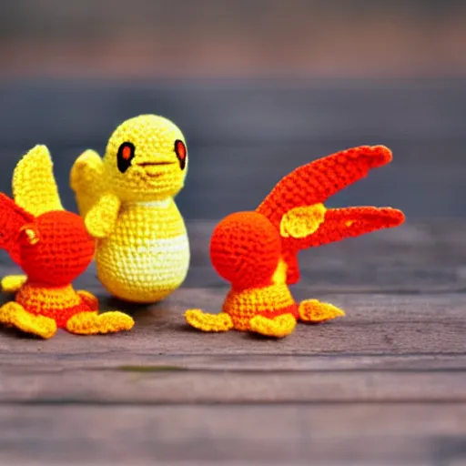 Prompt: a crochet of the pokemon moltres, Sigma 50mm f/1.4