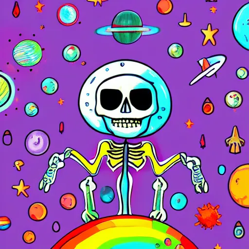 Prompt: skeleton with an afro wearing a spiked leather jacket, stylized, rainbow mist, spacey, solar system background