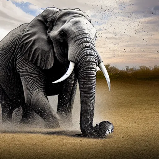 Image similar to an elephant falling apart and crumbling to dust to the air, photorealistic