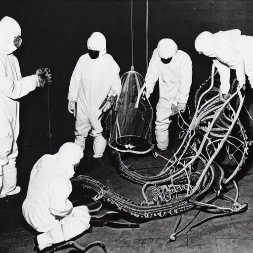 Prompt: old black and white photo, 1 9 1 3, depicting scientists in hazmat suits dissecting an alien biomechanical octopus, historical record