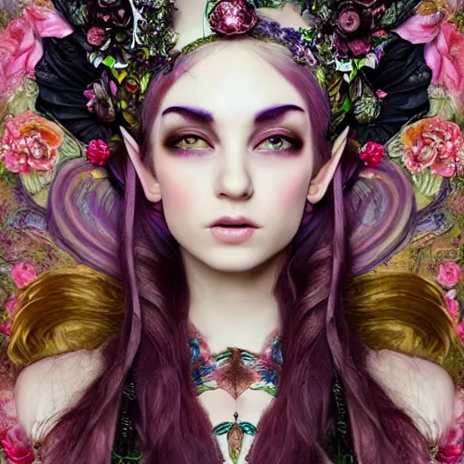 Image similar to Ethereal, mysterious stunning maximalist mesmerizing elven girl with elf ears from the rainbow sky paradise, high-tech, professional high fashion model photo shoot for Victorian gothic lolita fashion, hyperdetailed by Mark Ryden, artgerm, Hiroyuki-Mitsume Takahashi, WLOP, Goto Fujita, 奈良美智, Pixiv 3DCG, DAZ Studio, close-up 35mm macro shot, hyperrealism, 8k resolution 3D, cinematic, dynamic lighting, octane render, unreal engine 5